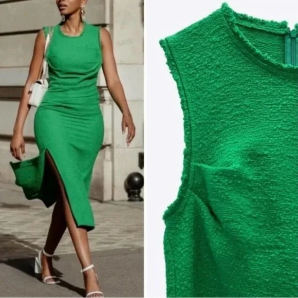 Zara Vibrant Green Tweed Midi Dress - Picture 6 of 10